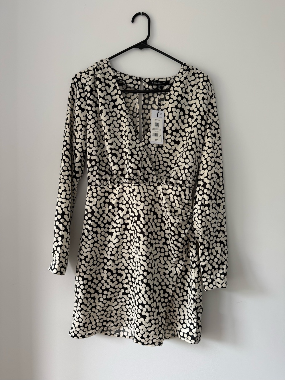 Dynamite Black & Cream Polka Dot Long-Sleeve Wrap Dress